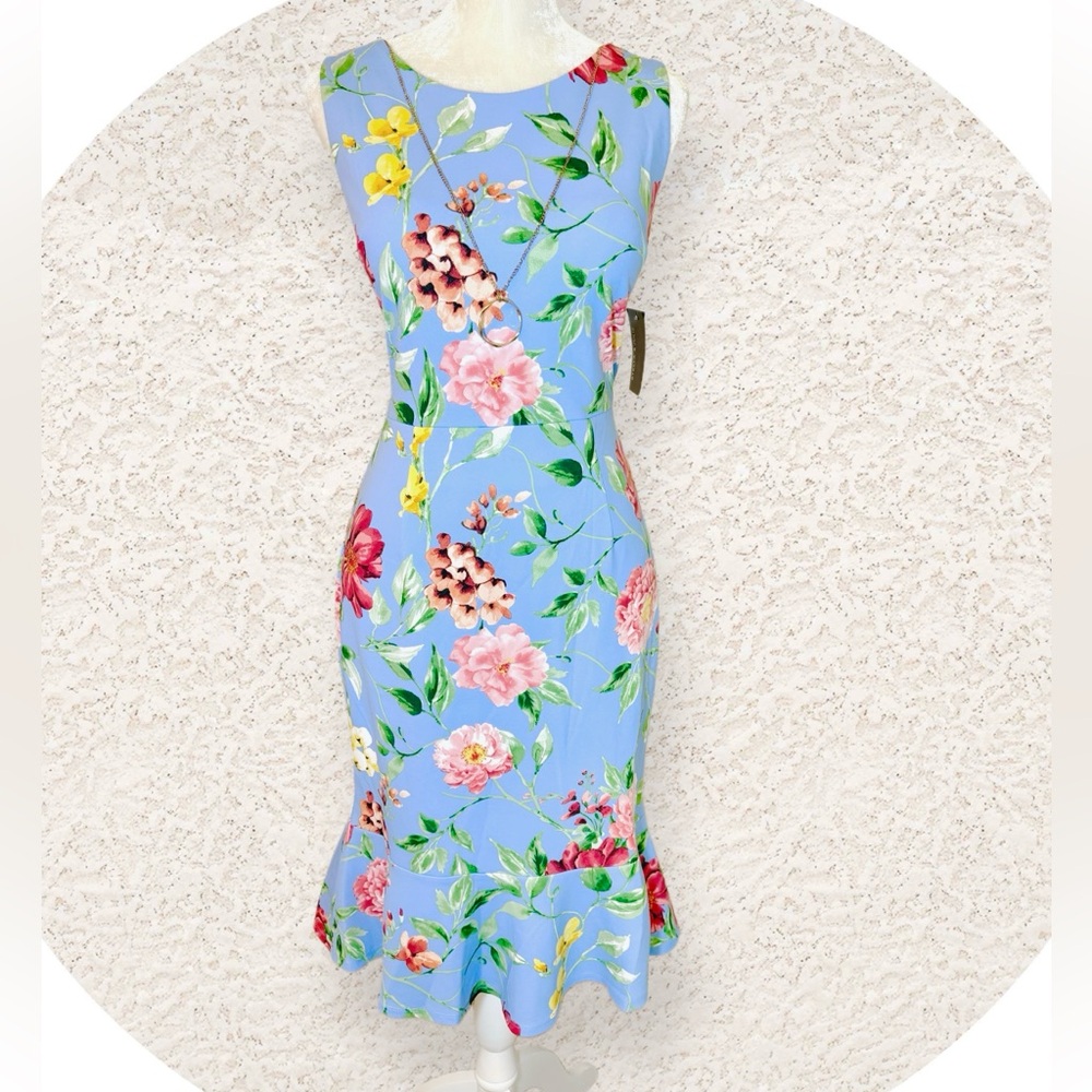 NEW WITH TAGS Floral Midi Dress – Blue Background – Sleeveless – Ruffle Hem